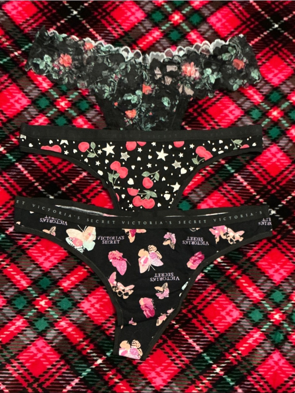 Victoria's Secret Black Floral, Cherry & Butterfly Thong Trio